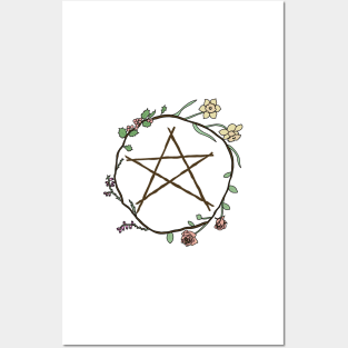 Pentacle surrounded by flowers Posters and Art